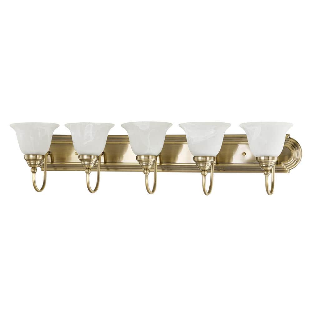 Antique Brass 36" 5-Light Vanity with Alabaster Glass