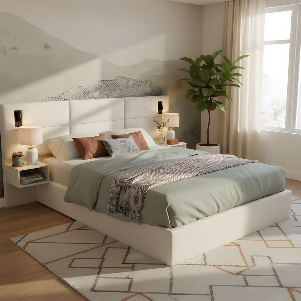 Julia White Upholstered Chenille Wood+Metal Frame Queen Platform Bed with Wide Headboard, Reading Lamps, Storage Shelves price history on PriceWatchPro