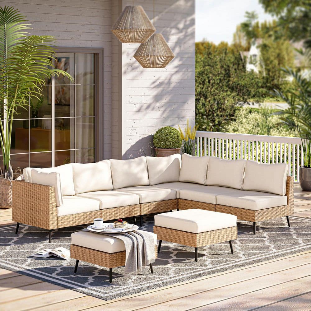 Beige 8-Piece Steel Frame Outdoor Sectional Sofa Set