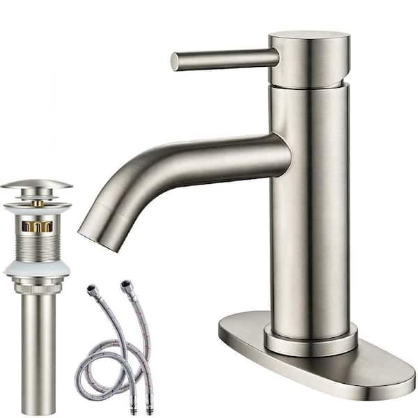 Single Handle Single Hole Bathroom Sink Faucet with Deck Plate and Pop-Up Drain Kit in Spot Resistant Brushed Nickel