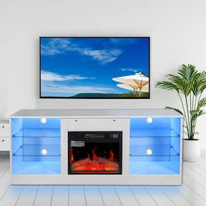 57.8 in. White Modern Electric Fireplace TV Stand with 18 in. Heater and Adjustable Glass Shelves for TVs up to 62 in.