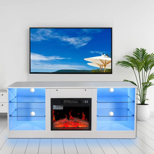 ToolCat 57.8 in. Freestanding White Electric Fireplace TV Stand with 18 in Heater, Adjustable Glass Shelves for TV up to 62 in