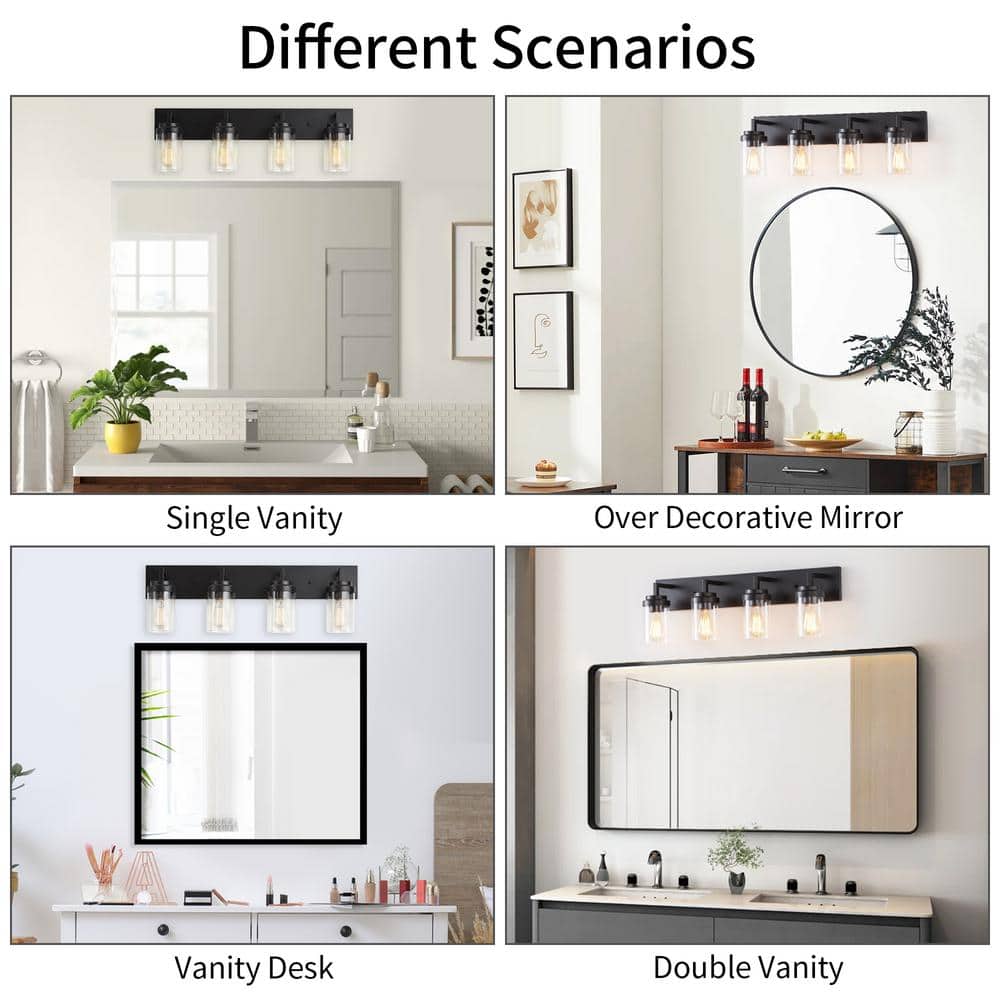 Black 4-Light Dimmable Cylinder Vanity Light with Glass Shades