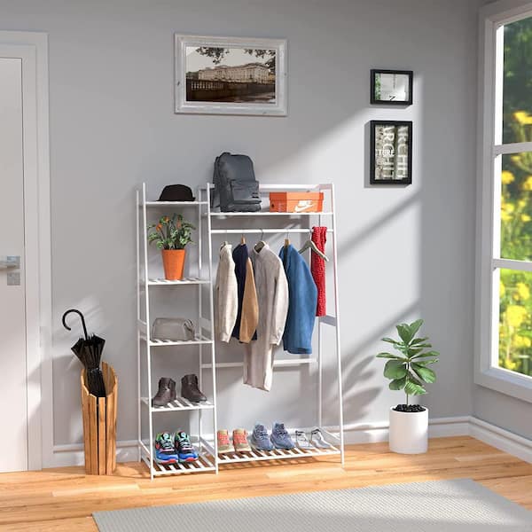 Freestanding Closet Organizer with 6 Shelves and Hanging BarWhite