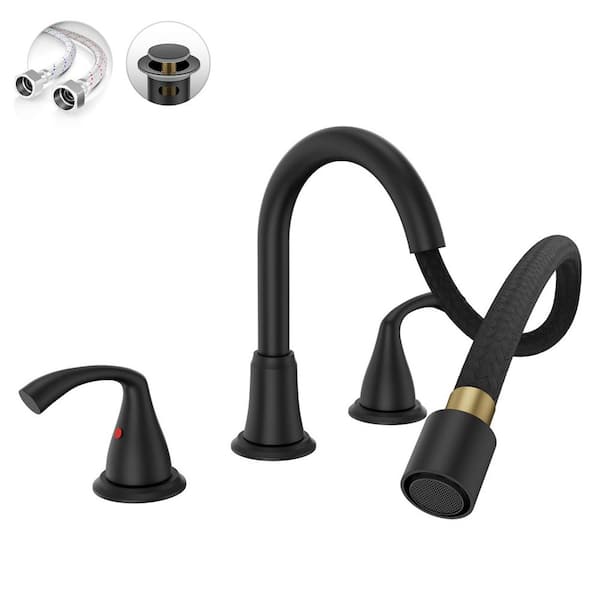 8 Inch Bathroom Faucet Rotatable Matte Black-Complete Set with Pull-Out Sprayer, Metal Pop-Up Drain