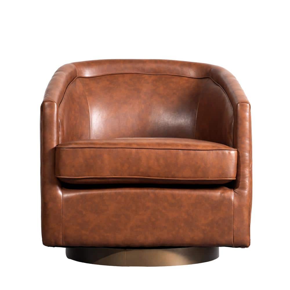 Brown Faux Leather Swivel Barrel Chair with Wood Base