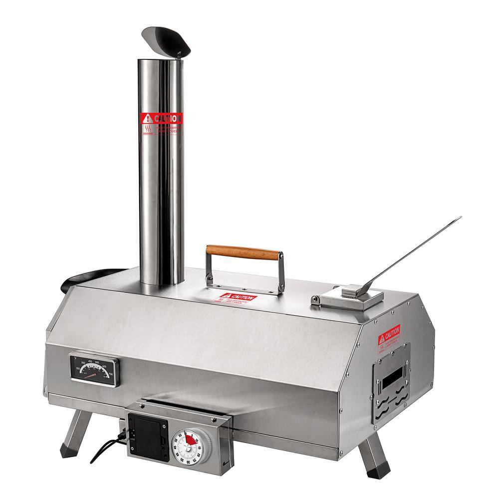 12 in.Silver Wood Burning Outdoor Pizza Oven w/Timer,Automatic Rotatable Built-in Thermometer Pizza Cutter and Carry Bag