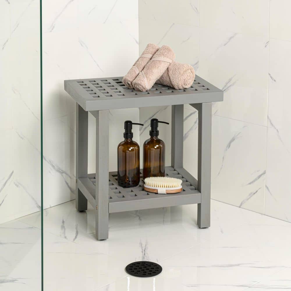 Armin 18.1 in. Modern Classic Grid Slat Solid Acacia Wood Indoor/Outdoor Shower Stool, Gray price history on PriceWatchPro