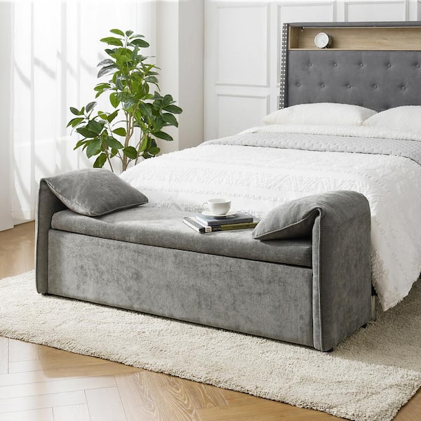 JAYDEN CREATION Arturo Grey Modern 61 in. W Storage Bedroom Bench with Pillow
