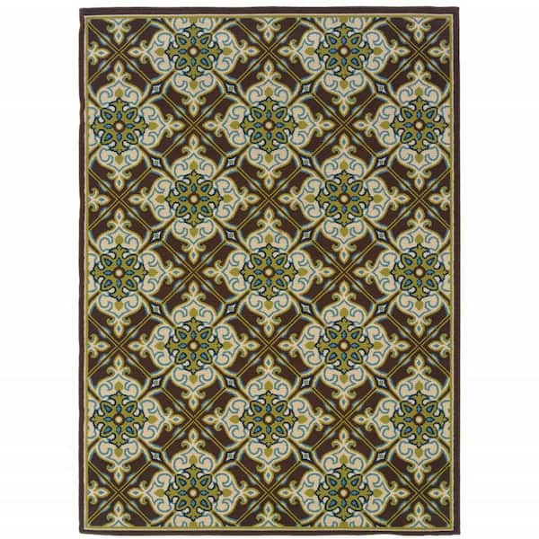 Brown, Ivory 7 ft. x 10 ft. Loomed Polypropylene Rectangle Indoor/Outdoor Area Rug