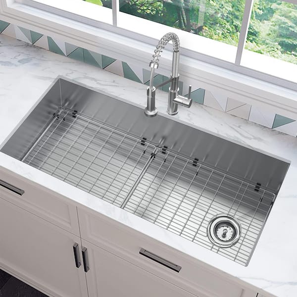 Professional Zero Radius 45 in. Undermount Single Bowl 16 Gauge Stainless Steel Kitchen Sink with Spring Neck Faucet
