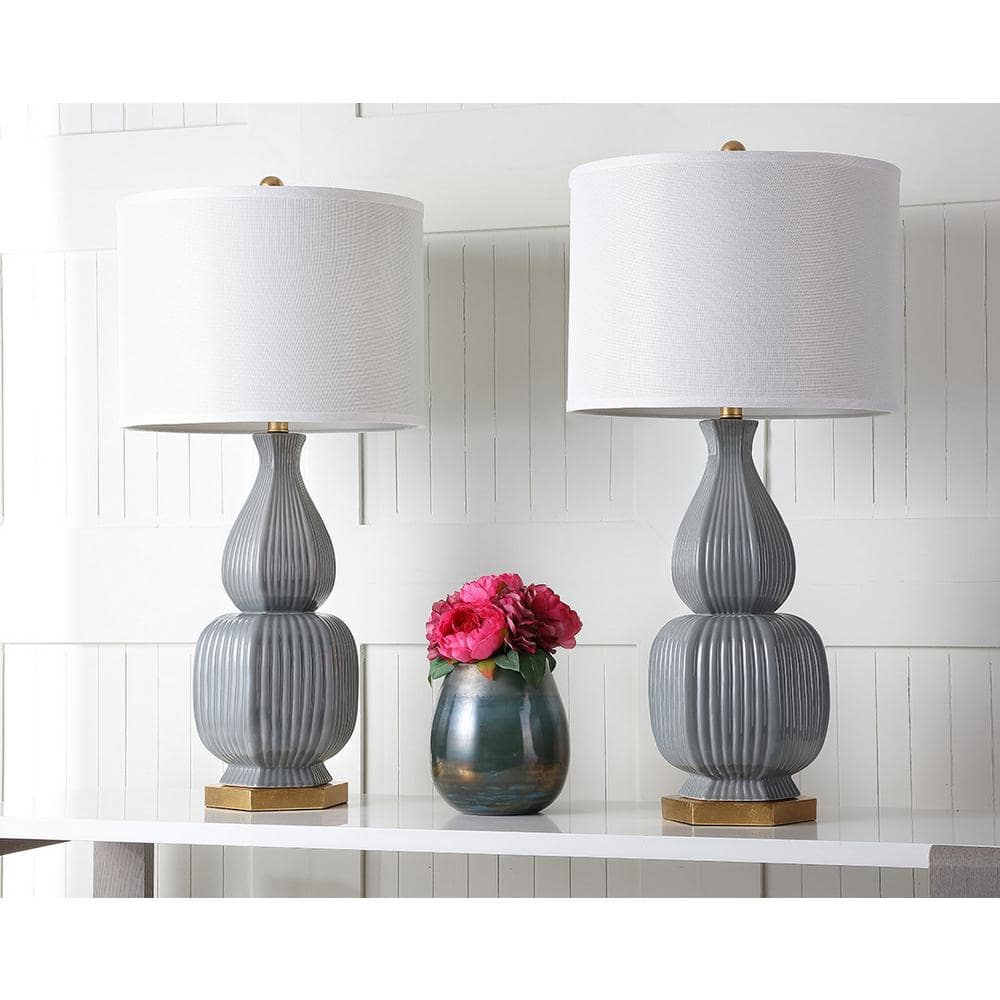 Cleo Gray Ceramic Table Lamp Set with White Shades