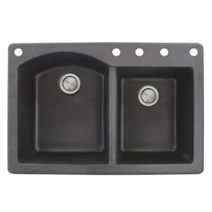 Aversa Drop-In Granite 33 in. 5-Hole 1-3/4 D-Shape Double Bowl Kitchen Sink in Black