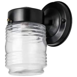 1-Light Black 7 in. Jar Style Clear Glass Outdoor Wall Lantern Light Sconce