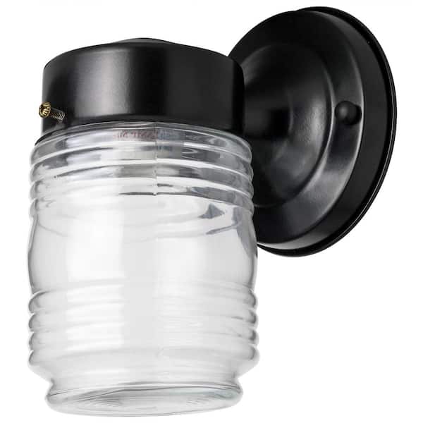 Sunlite 1-Light Black 7 in. Jar Style Clear Glass Outdoor Hardwired Wall Lantern Light Sconce with No Bulbs Included