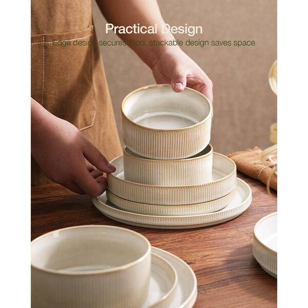24Pcs Stoneware Dinnerware Set, Cappuccino White, Kitchen Dish Set