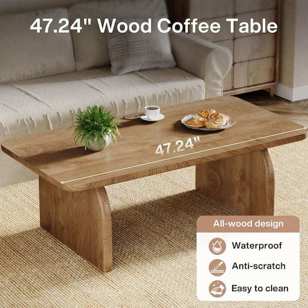 Allan 47 in. Natural Brown Rectangle Wood Coffee Table with Sturdy Base & Rounded Corners Farmhouse Living Center Table