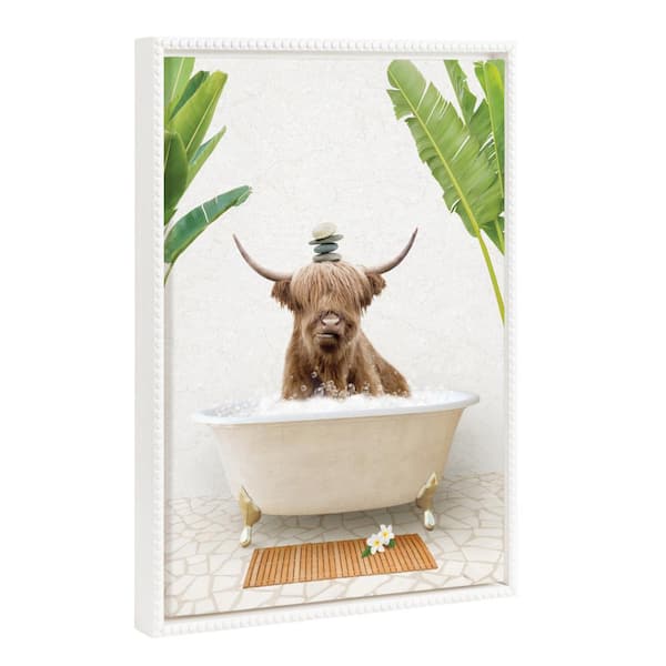 Kate and Laurel Sylvie Highland Cow and Stacked Rocks Bali Bath 1-Piece White Framed Canvas Art Print, 18.00 in. x 24.00 in.