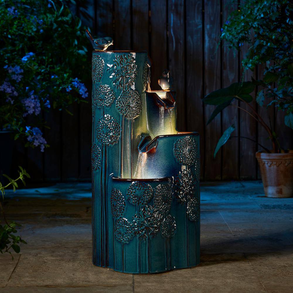 31.75" Turquoise Ceramic 4-Tier Outdoor Fountain with Birds and LED Lights