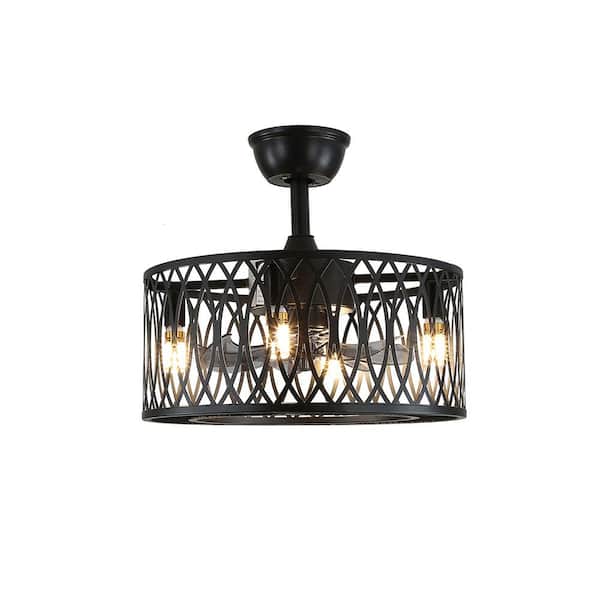 OUKANING 18 in. Black Metal Caged Vintage Ceiling Fan with Light Kit and Remote Control