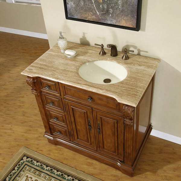 Silkroad Exclusive 55-in Dark Walnut Undermount Double Sink Bathroom Vanity  with Travertine Top in the Bathroom Vanities with Tops department at