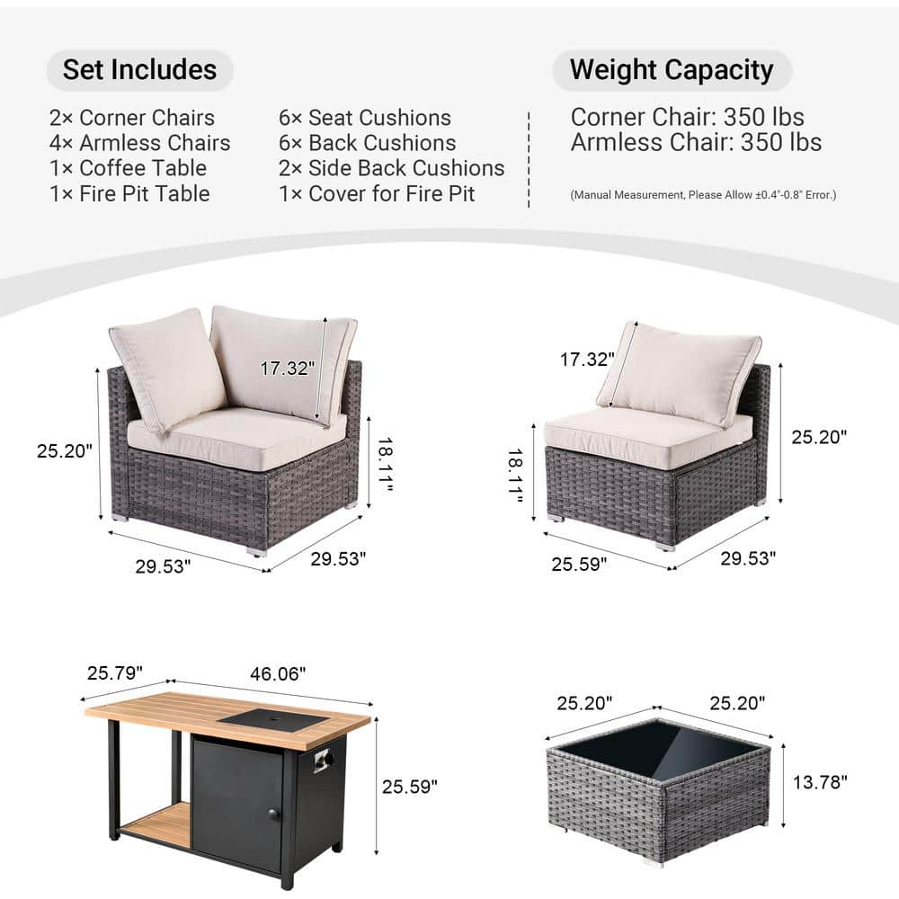 Venice 8-Piece Beige Wicker Outdoor Sofa Set with Fire Pit