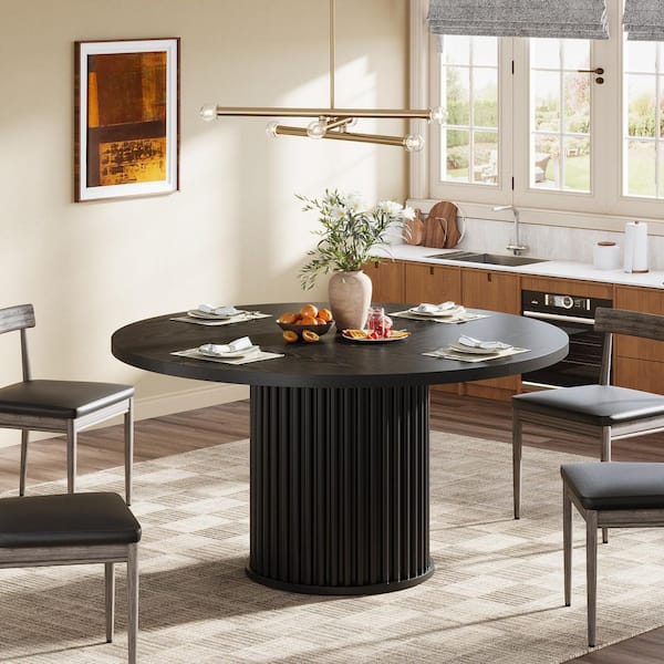 Alan 47 in. Modern Black Wood Pedestal Dining Table for 4, Round Dinner Kitchen Table with Fluted Metal Base