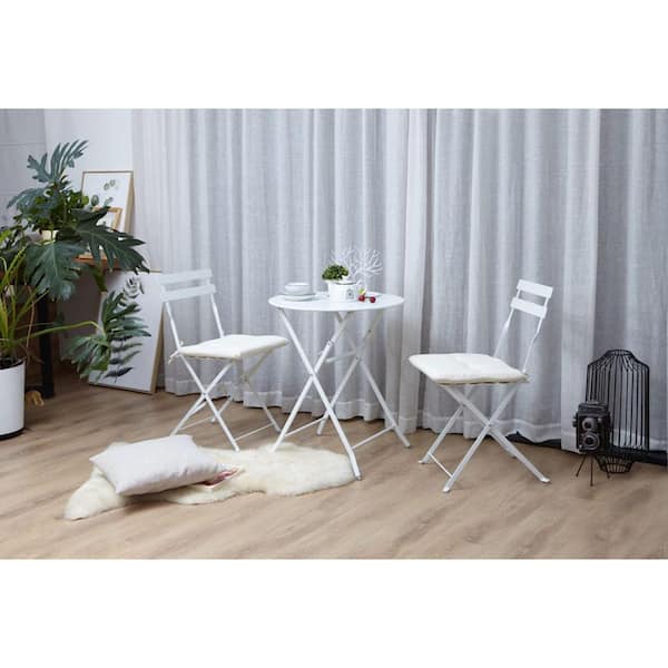 3-Piece Metal Patio Bistro Set Round Folding Table and Chairs Set Iron Conversation Coffee Table Set for Backyard, White