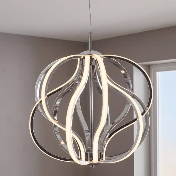 Meridian 30-Watt 1-Light Modern Chrome Integrated LED Hanging Pendant Light Fixture for Dining Room or Kitchen