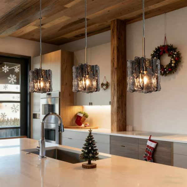 Echonalyri Modern 4.7 in. W Black Pendant Light 1-Light Glam Brass Accent Island Mini Pendant with Textured Glass Shade