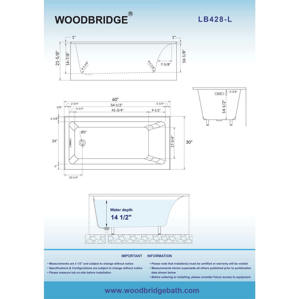 Vine 60'' x 30'' White Acrylic Alcove Soaking Bathtub