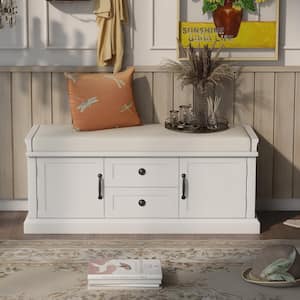 Entryway White Storage Bench with 2-Drawers and 2-Cabinets 17.5 in. H x 42.9 in. W x 15.9 in. D