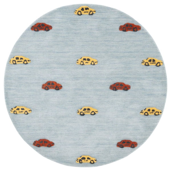 Kids 5 ft. x 5 ft. Light Blue/Yellow Mini Cars Round Area Rug