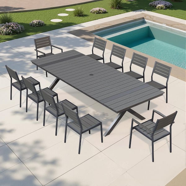 Black 11-Piece 118 in. Aluminum Wood-Like Rectangular Patio Outdoor Dining Set with Armed, Non-Arm Chairs Umbrella Hole