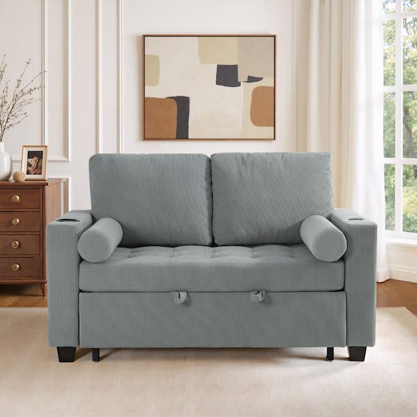 55.53 in. W Gray Corduroy Convertible Full Size Sofa Bed with USB Port, Storage Pocket(Set of 1)