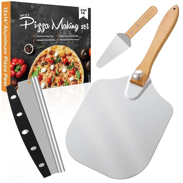Aluminum Spatula Pizza Tool Set, 12 in. x 14 in. Metal Pizza Paddle with Foldable Wooden Handle, Pizza Rocker Cutter