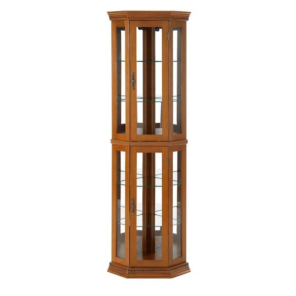 anpport Oak 6-Tier Curio Display Accent Cabinet w/Adjustable TemperedGlass Shelves, Mirrored Back, E26 LightBulb Not Included
