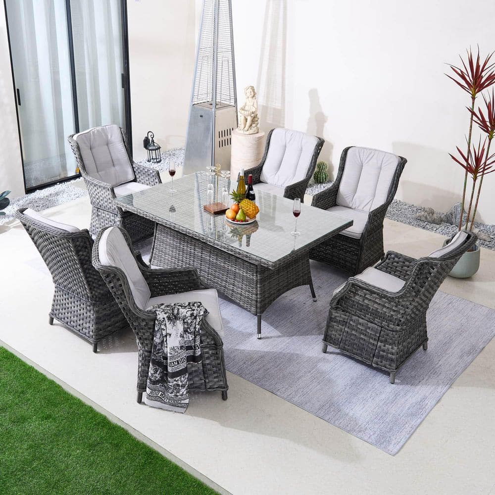 Team 7-Piece Grey Wicker Rectangular Outdoor Dining Set with Grey Cushions price history on PriceWatchPro