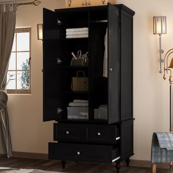 Black Paint Wood 31.5 in. W 2-Door Armoires with Hanging Rod, 3-Drawers, Adjustable Shelves 70.9 in. H x 19.7 in. D