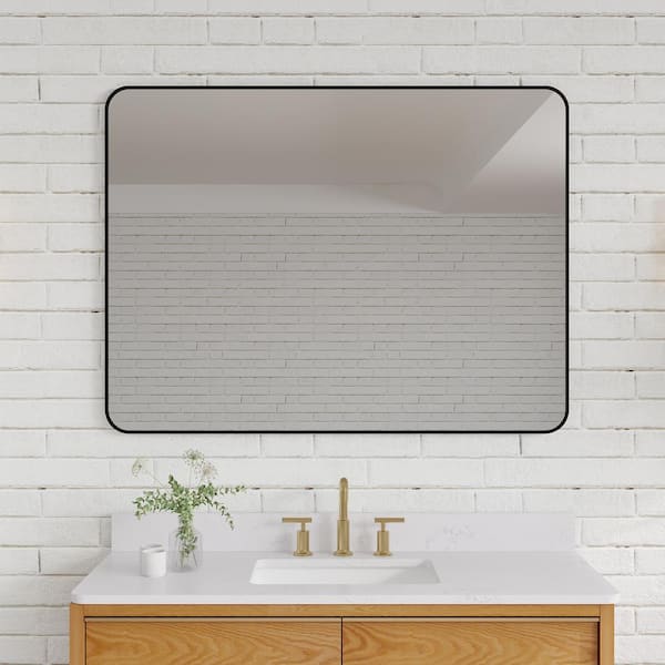 ANGELES HOME 48 in. W x 36 in. H Large Rectangular Anodized Aluminum Framed Wall Bathroom Vanity Mirror in Matte Black