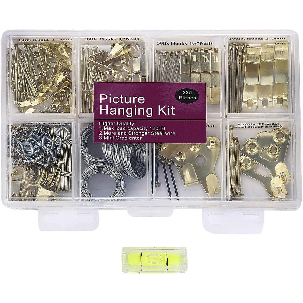 Heavy Duty Picture Hanging Kit 225-Pieces Frame Hook, Nails Wire Screw Eyes