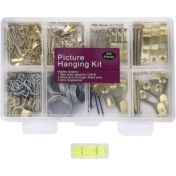 Adrinfly Heavy Duty Picture Hanging Kit 225-Pieces Frame Hook, Nails Wire Screw Eyes D Ring Sawtooth Wall Mounting Assorted Color