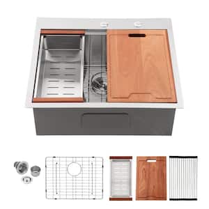28 in. Drop-In/Undermount Single Bowl 16-Gauge Brushed Nickel Stainless Steel Kitchen Sink with Grid and Drain