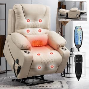 Enhanced Exclusive Oversized Chenille Recliner Chair with Massage, Heating and 2-Cup Holder - White (Dual Okin Motor)