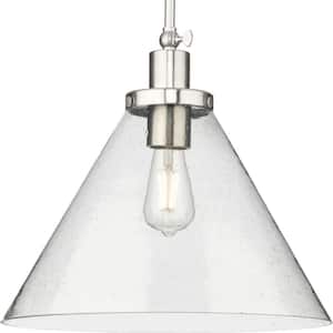Hinton Collection 16 in. 1-Light Brushed Nickel Pendant with Clear Seeded Glass Shade