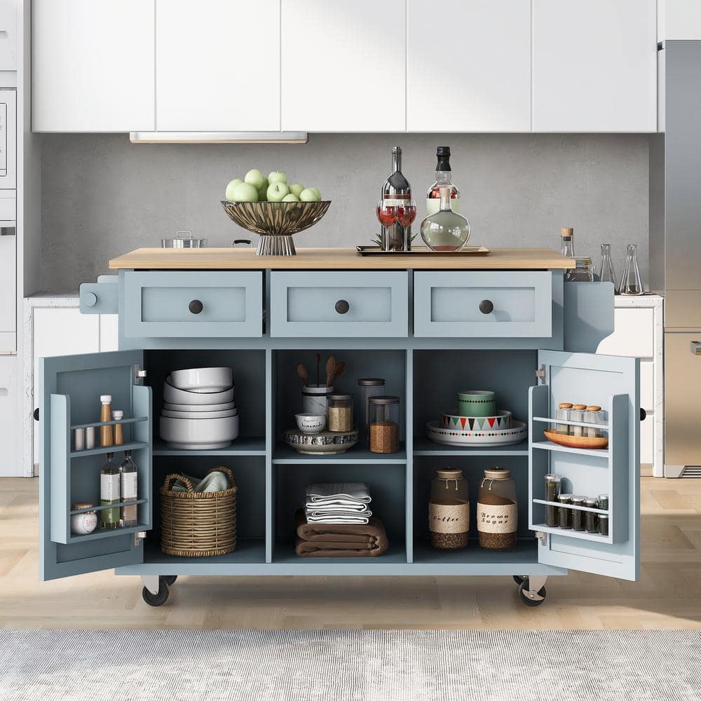 Blue Wood 53.1 in. Kitchen Island on 5 Wheels with Storage Cabinet and 3 Dr