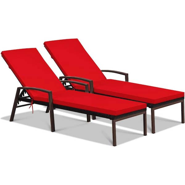 SUGIFT Adjustable Height Rattan Outdoor Lounge Chair with Red Cushions (2-Pack)