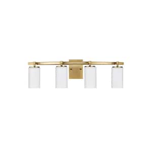 Alturas 30.5 in. 4-Light Satin Brass Modern Contemporary Wall Bathroom Vanity Light with Satin Glass and LED Bulbs