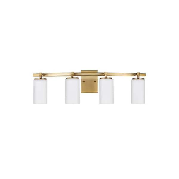 Generation Lighting Alturas 30.5 in. 4-Light Satin Brass Modern Contemporary Wall Bathroom Vanity Light with Satin Glass and LED Bulbs