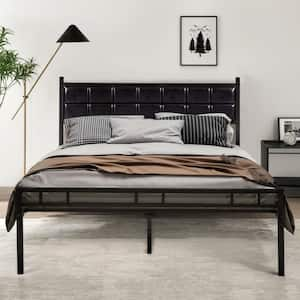 Heavy-Duty Bed Frame Black Metal Frame Queen Platform Bed with PU Upholstered Headboard, No Box Spring Needed